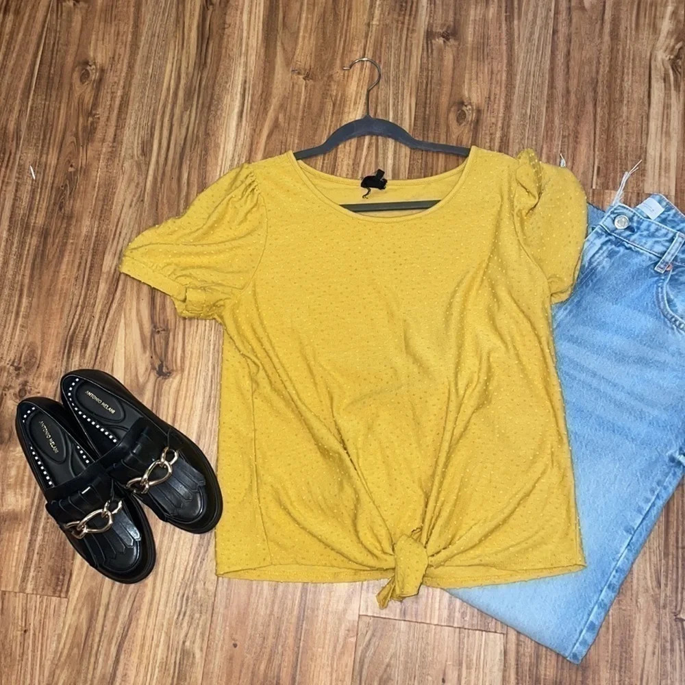 W5 women’s size Large top blouse shirt Mustard Swiss dot tie front